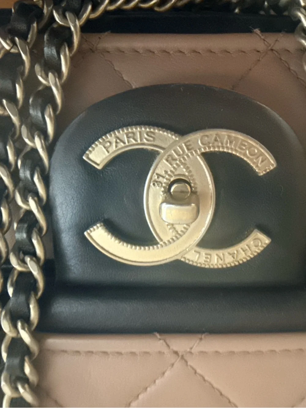 Authentic Chanel Quilted Flap Shoulder Bag - Beige with Black Trim
